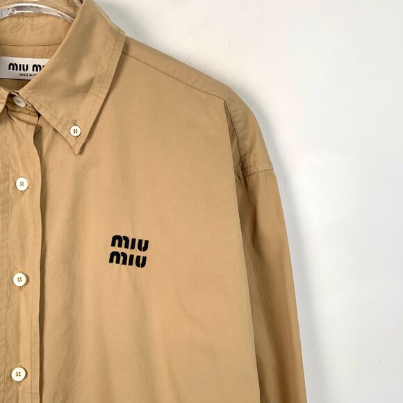 Miu Miu Brown Logo Embroidered Cotton Long-Sleeve Shirt - Picture 3 of 8